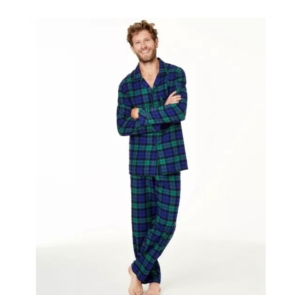 Macys Mens Black Watch Plaid Flannel Pajama Set XXL Navy Green New